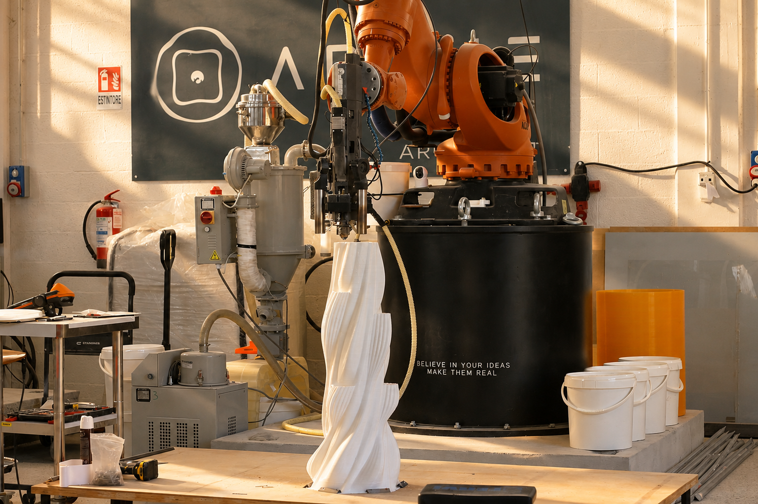 White twisting 3D printed column being produced beside an orange robotic arm in the studio
